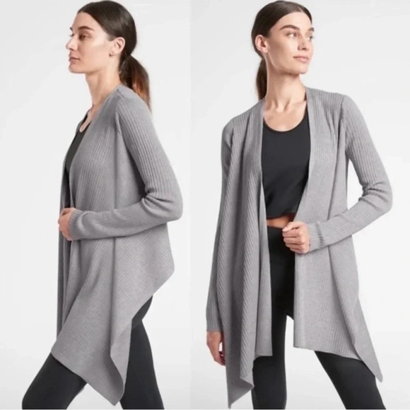Athleta Solstice Wrap Cardigan Sweater Small Gray Merino Wool Ribbed Draped - Picture 1 of 10